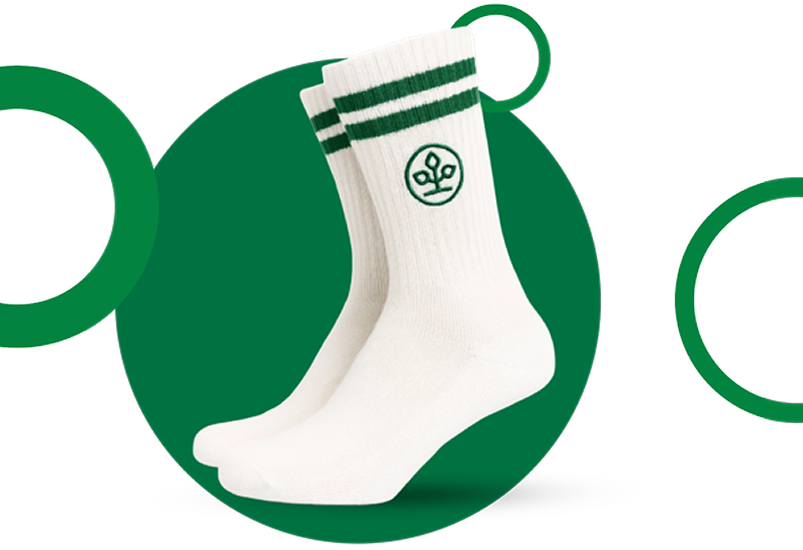 Ein Paar weiße Laufsocken mit zwei grünen Streifen und gesticktem AOK-Logo.